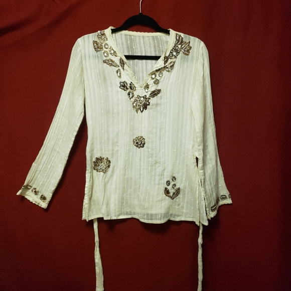 VINTAGE SEDUZIONE V NECK TOP W/ APPLIQUE/BEADS/STONES /SLIT BELL SLEEVES/S/ - Picture 1 of 9